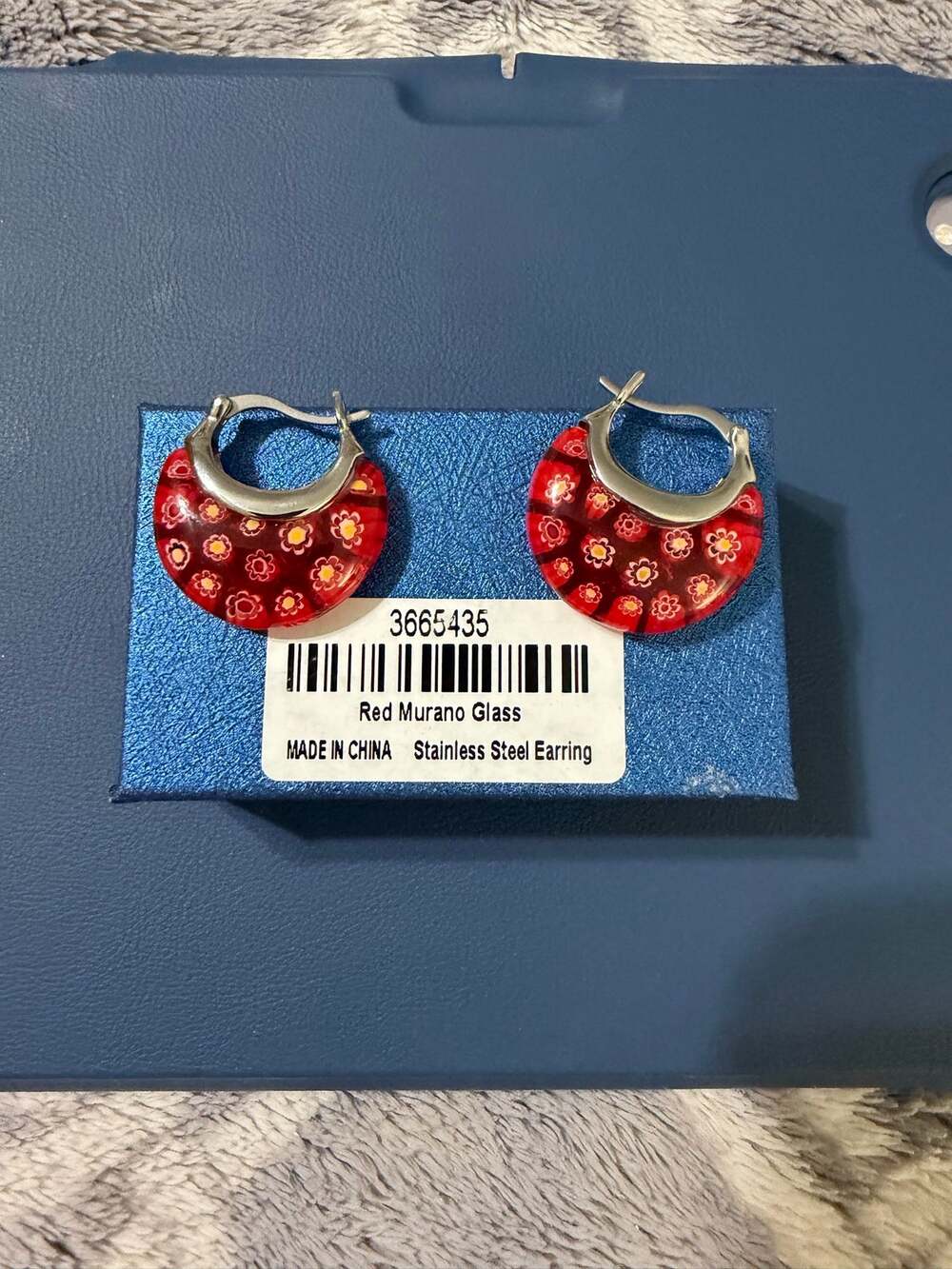 Red Murano Style Millefiori Floral Glass Hoop Earrings